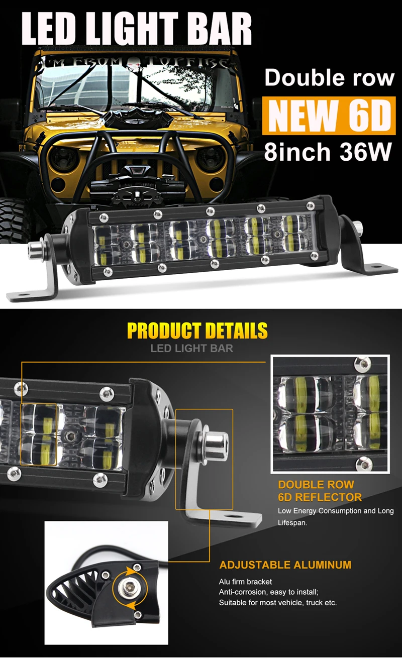 CO светильник " двухрядный 6D светодиодный светильник 36 Вт точечный/наводнение внедорожный светодиодный рабочий светильник 12 В водительский противотуманный фонарь для грузовика 4X4 4WD ATV светодиодный бар