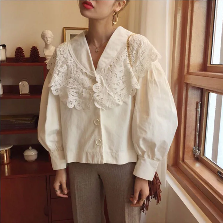 

Early Spring New Vintage Lace Bubble Sleeve Shirt 2019 V-Neck Solid Woman Clothes Shirt Women
