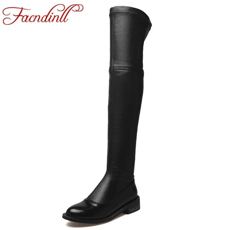 

FACNDINLL new 2017 brand shoes stretch genuine leather shoes woman over the knee boots ladies fashion autumn winter black boots