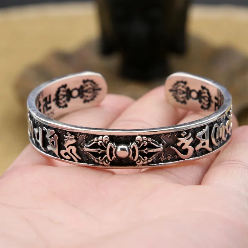 

925 Sterling Silver Buddha Mantra Instruments Bracelet Bangle for Men Women Thai Silver Vintage Vajra Bangle Fine Jewelry Gifts
