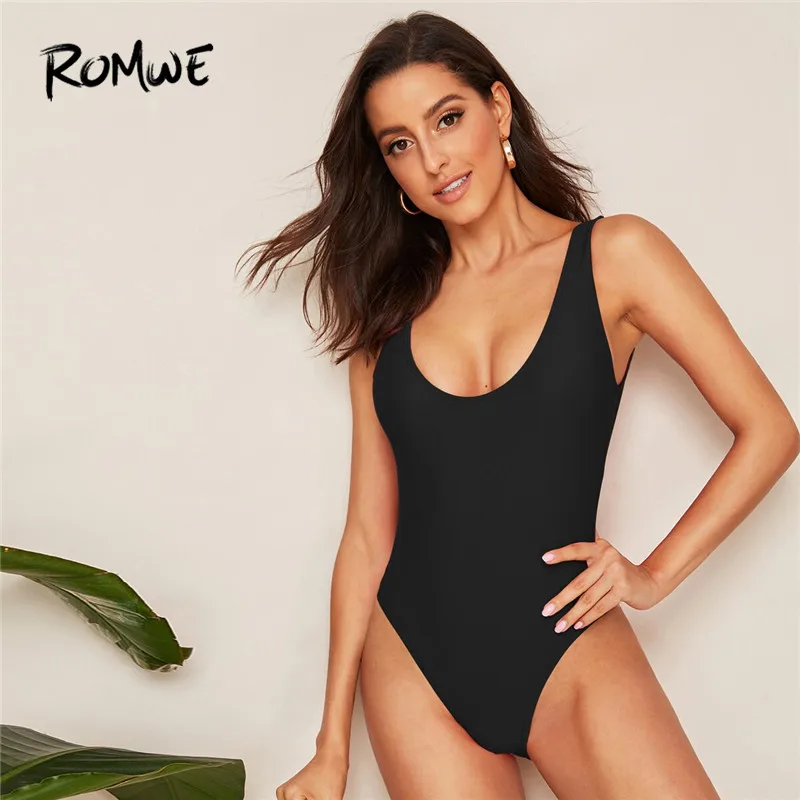 Beste Romwe Sport Low Back Solid Een Stuk Badpak Vrouwen Zomer Sexy Zwemkleding Elastische Black Neon Groen Wit Badpak monokini