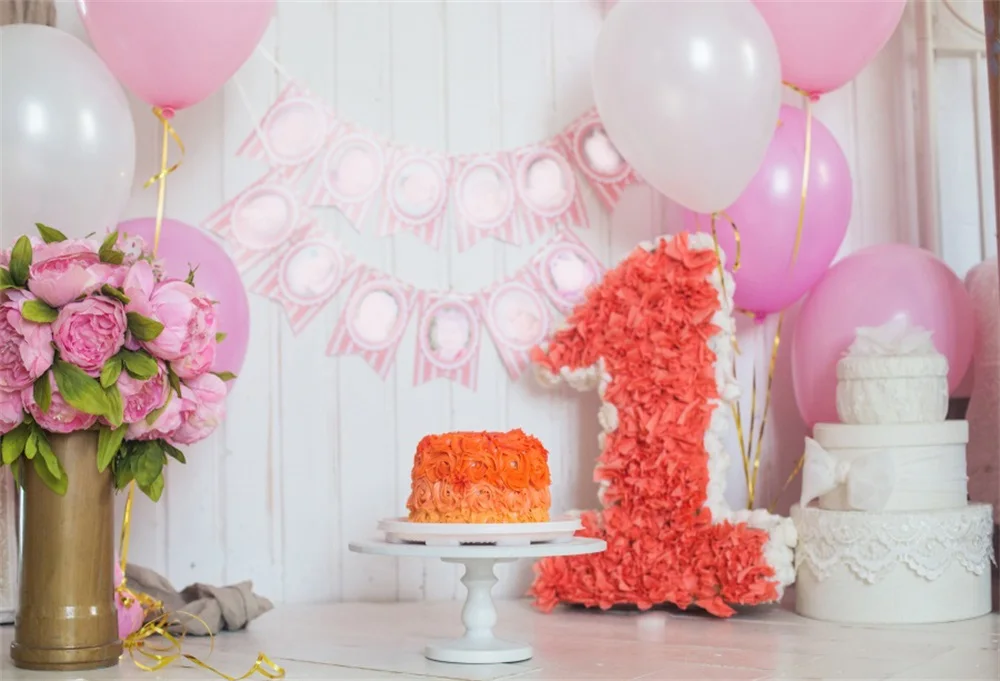 

Laeacco Pink Balloons Baby 1 Birthday Cake Flowers Decor Photo Backgrounds Customized Photographic Backdrops For Photo Studio