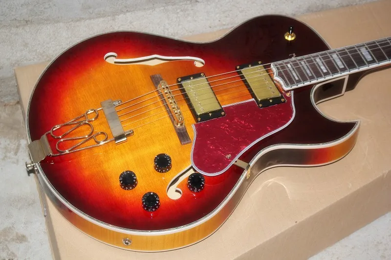 Wholesale Semi Hollow L-5 custom L5 sunburst Electric Guitar with Spring vibrato --15-6-25-- | Спорт и развлечения