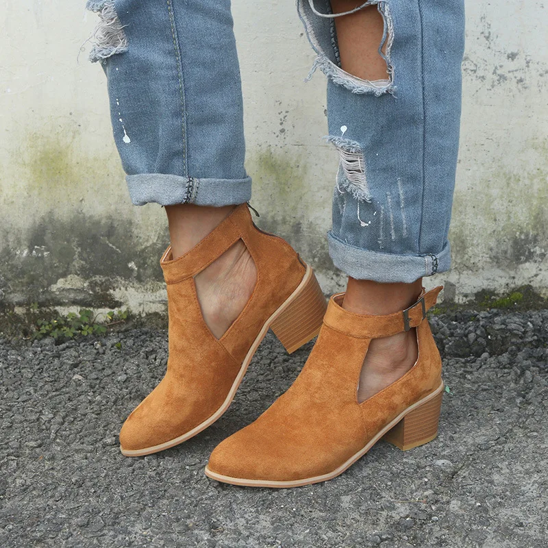 Baratos EOEODOIT botas de mujer con tacón grueso punta puntiaguda de cuero corto tobillo bombas primavera bota de otoño sandalias de talla grande zapatos femeninos