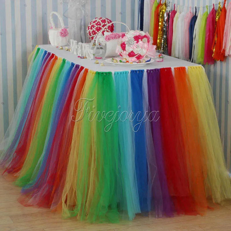  Colorful Rainbow Style Tulle Tutu Table Skirt 100cm x 80cm for Wedding Favors Party Baby Shower Dec
