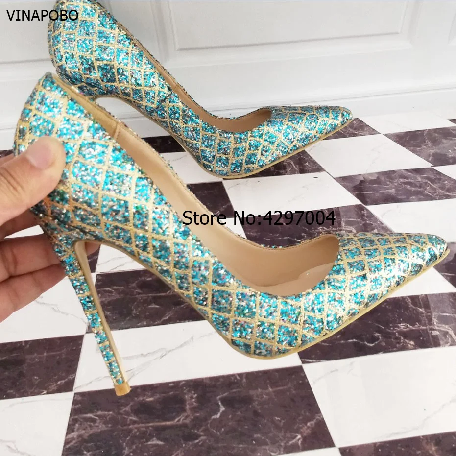 2018 New Pointed Toe Wedding Shoes Women Blue Gold Grid Bling Thin High Heels 8cm/10cm/12cm Genuine leather Shallow Party Pumps
