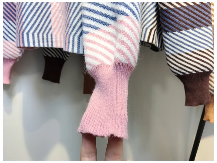 Женское высококачественный зимний полосатый вязаный Свободный пуловер свитер комплект из двух предметов+ разрез до талии Женский Повседневный комплект с юбкой