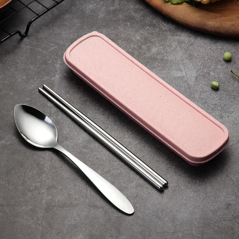 Silver 2 Pc Pink Box Нержавеющая сталь набор столовых приборов портативный столовая посуда набор Дорожная посуда набор с коробкой пшеницы соломенная ручка Chopstick набор ложек и вилок - Цвет: Silver 2 Pc Pink Box