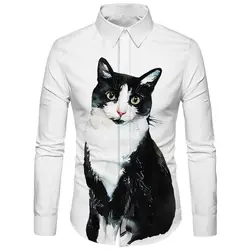 Cloudstyle 2018 новые зимние с животным принтом Мужская рубашка Повседневное регулярные топы Slim Fit рубашка с длинными рукавами 3D Забавный котенок