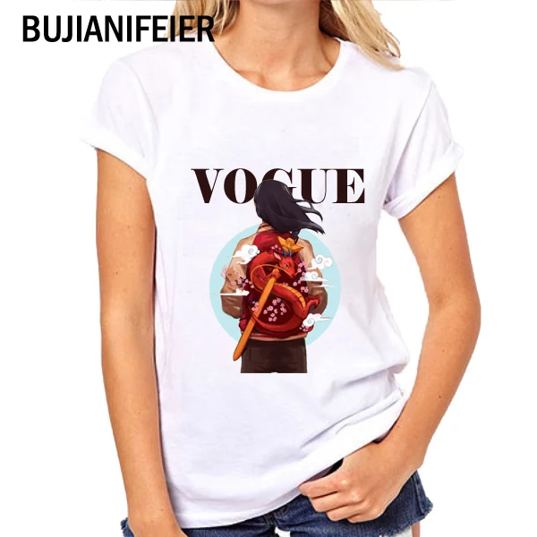 

New Slim fit VOGUE women's summer short-sleeved fashion white cartoon Harajuku girl MULAN print t-shirt BJN331