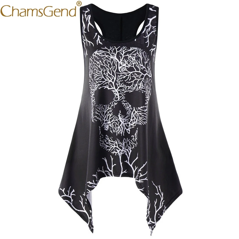 

Chamsgend Shirt Skull Print Sleeveless Irregular Long Tank Top Women Summer Blouse 80320