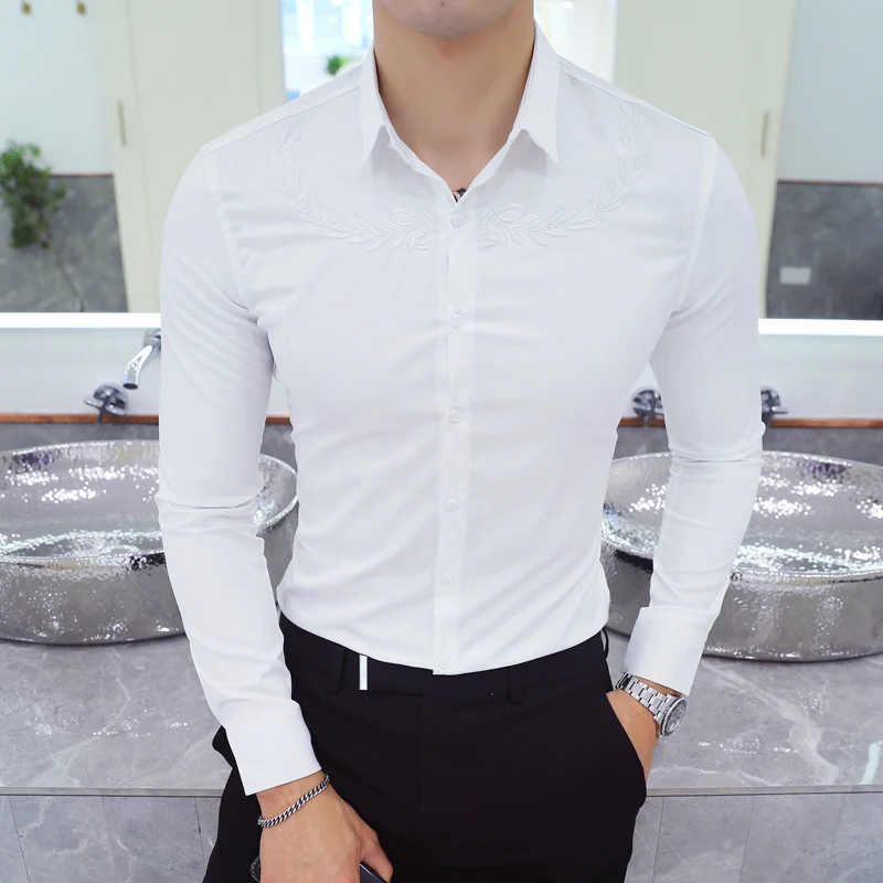 

Autumn Winter New Dress Shirt Men British Style Slim Fit Casual Embroidery Mens Formal Shirts Long Sleeve Solid Prom Tuxedo 3XL