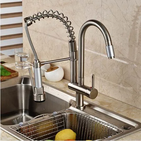 

Nickel Brushed Kitchen Faucet Swivel Spout Deck Mounted Sink Mixer Tap Single Handle Hole Hot and Cold Water