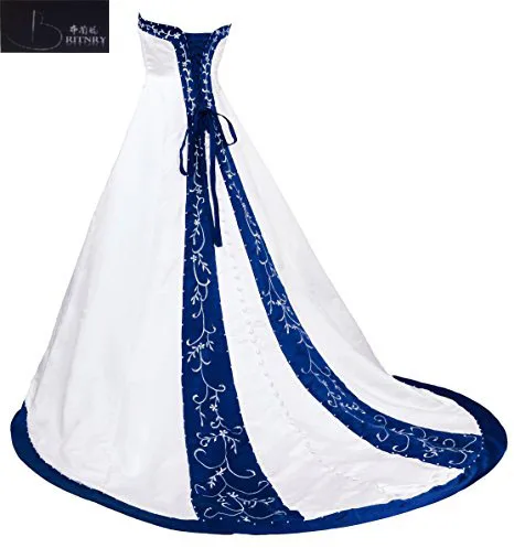 Винтажное милое ТРАПЕЦИЕВИДНОЕ свадебное платье с вышивкой белое и синее атласное винтажное свадебное платье M170717-2