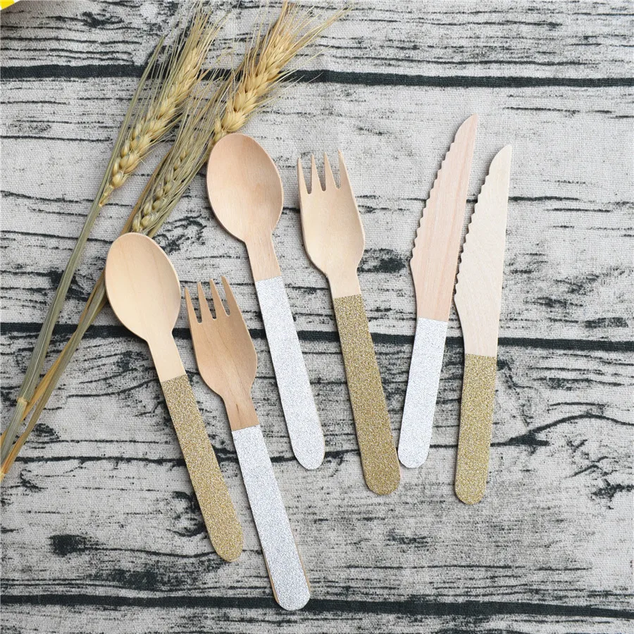 Wedding Party Favor 12pcs Glitter Gold silver sliver Disposable Wooden Cutlery Twinkling Spoons Forks Knives Party Supplies