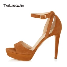 2017 Women High Heel Platform Ankle Strap Sandals Ladies Sexy Two Pieces Shoes Brown Suede Leather