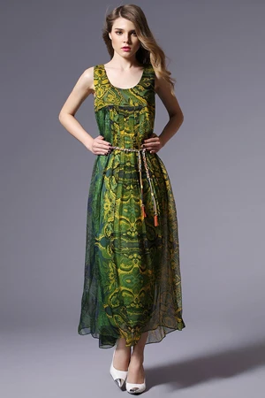 Шелковое длинное платье-1456/цветочный принт Новое весеннее и летнее платье/богемное длинное платье с поясом - Цвет: Green