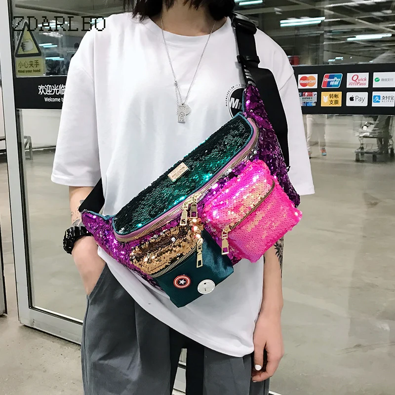 

Female Bag Double Color Sequins Waist Bag Multiple Pockets Hip Bag Large Capacity Banana Bag Woman Bum Bag