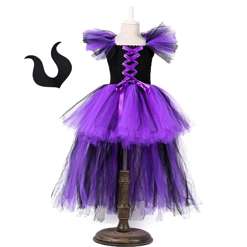 

Maleficent Evil Queen Girls Party Dress With Horns Halloween Cosplay Witch Costume Tutu Dress for Girls Baby Children Clothing
