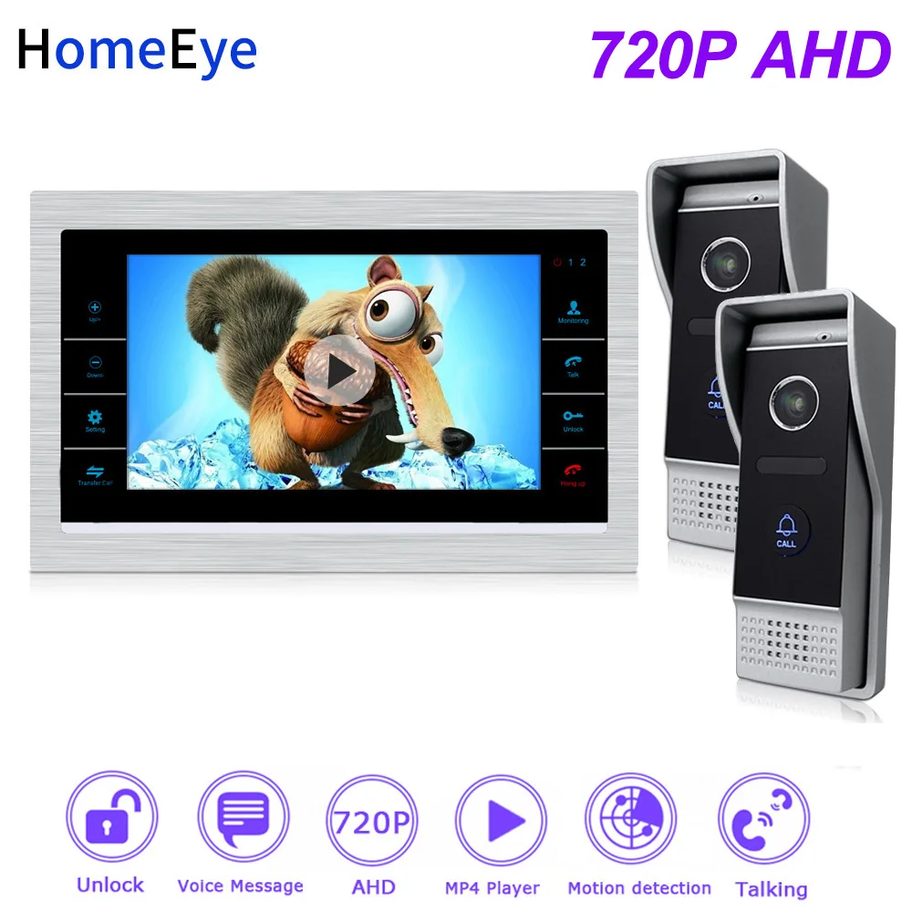 HomeEye 720P HD Video Door Phone Video Intercom 2 Doors Building Access Control System 7''Touch Screen Voice Message PIR Alarm