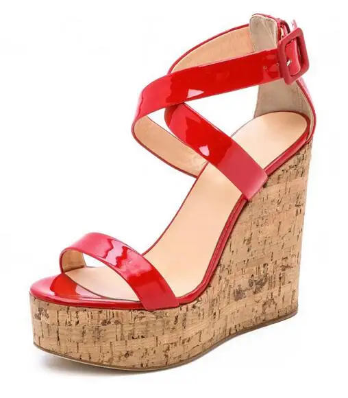 

Newest Red Patent Leather Platform Wedge Sandal Woman Open Toe Cross-strap Summer Shoe 2018 Cutouts Gladiator Sandal