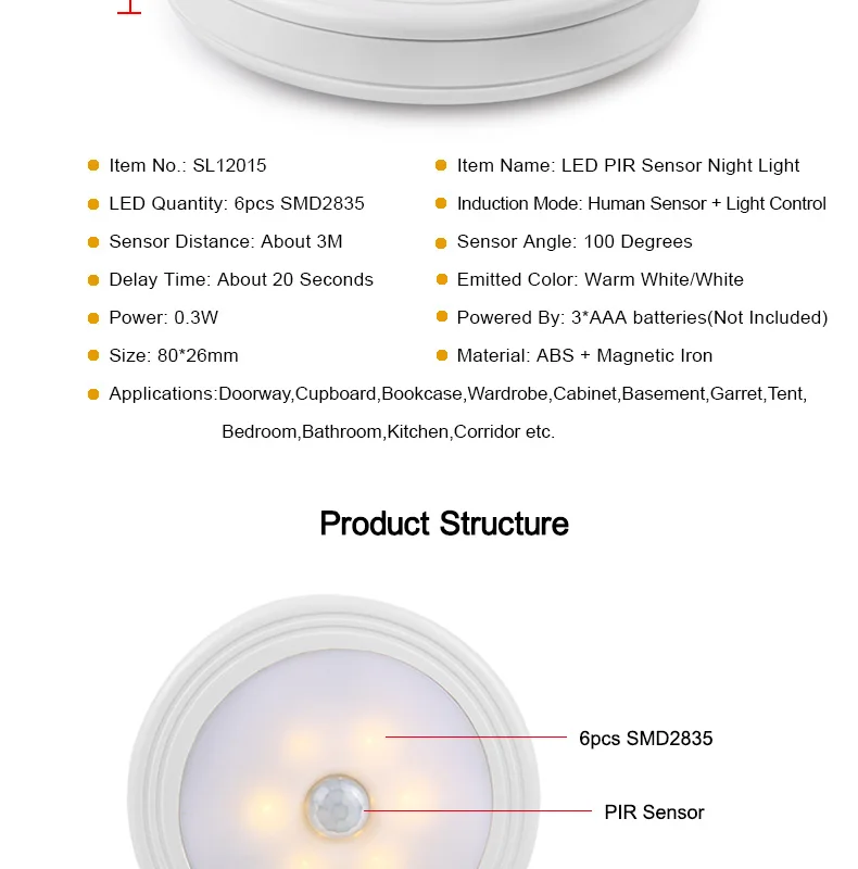 СВЕТОДИОДНЫЕ Night Light PIR Motion Sensor Круглый Светодиодный свет Энергосберегающие Настенный Светильник Освещения На 3A Батарея Для Шкафа спальня