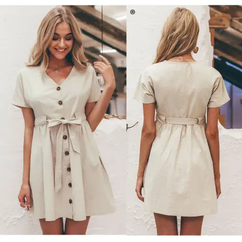 

Women Summer Boho Short Mini Short Sleeve Button Dress Evening Party Holiday Beach Cotton Linen Dresses Swing Sun Sundress
