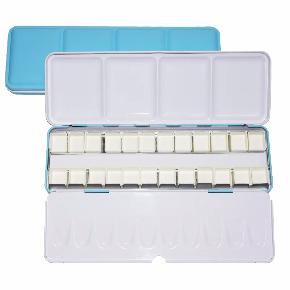 Beste Aquarel Schildert Palette Pigment Palet Blauw Blikken Doos met 14 stks Volledige Pannen en 24 Half Pannen Voor Kunst Schilderij palet Levert