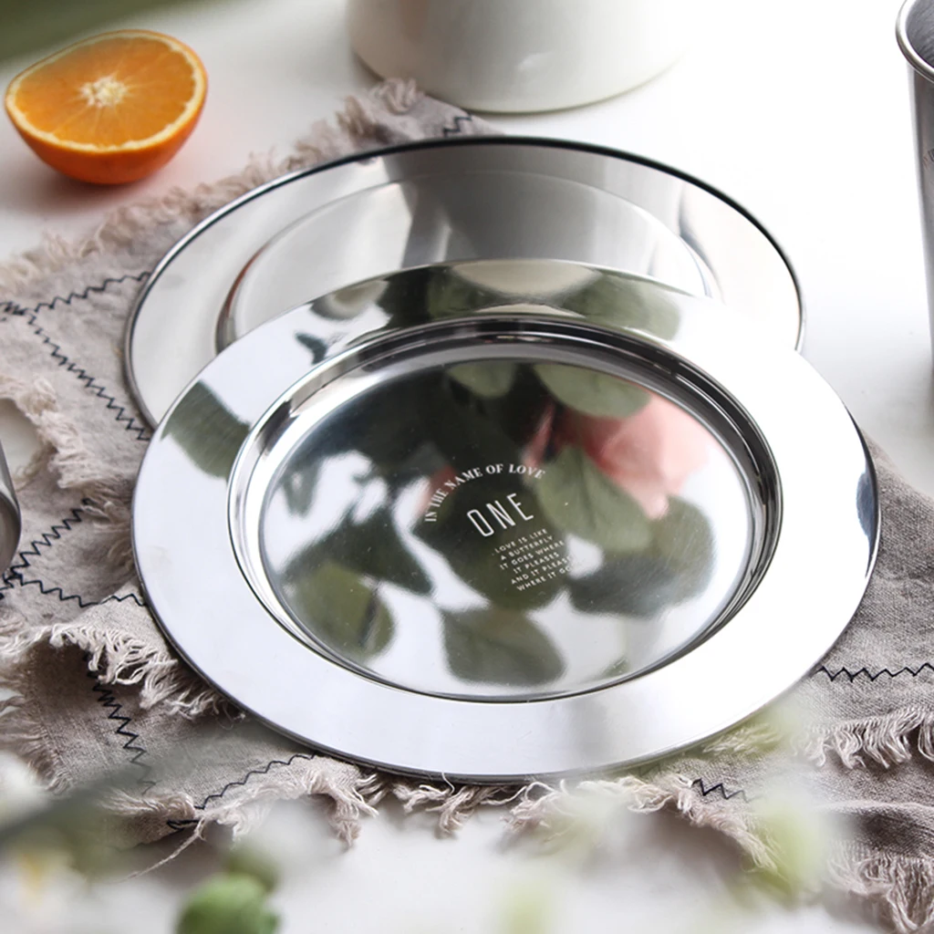 Set of 2 Thin Round Dishes Serving Metal Tray Mess Salad Snack Plate Dinner Dishwasher Safe
