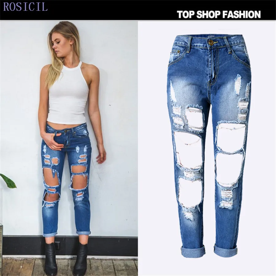 ROSICIL Boyfriend hole ripped jeans women pants Cool denim