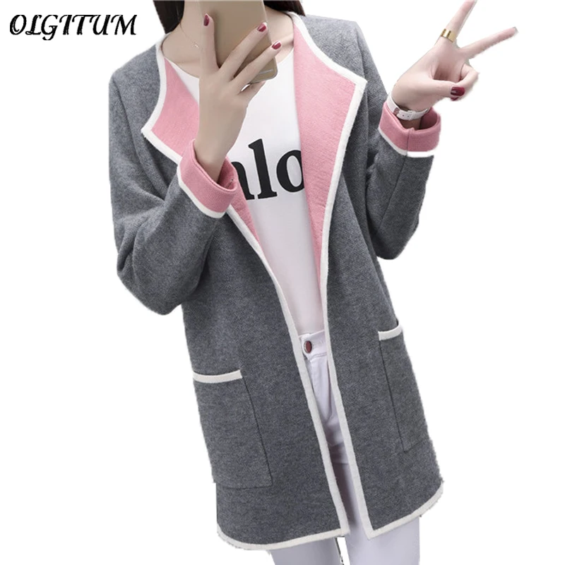 ^Cheap High Quality Women Autumn Cardigan Sweater long section Pocket Knitted Cardigan Coat Temperament lapel Woolen coat 4 colors