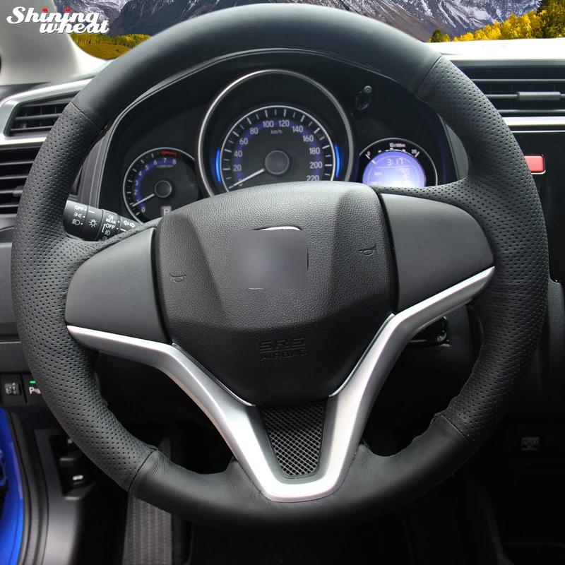 Shining wheat Hand stitched Black Leather Steering Wheel Cover for Honda New Fit City Jazz 2014