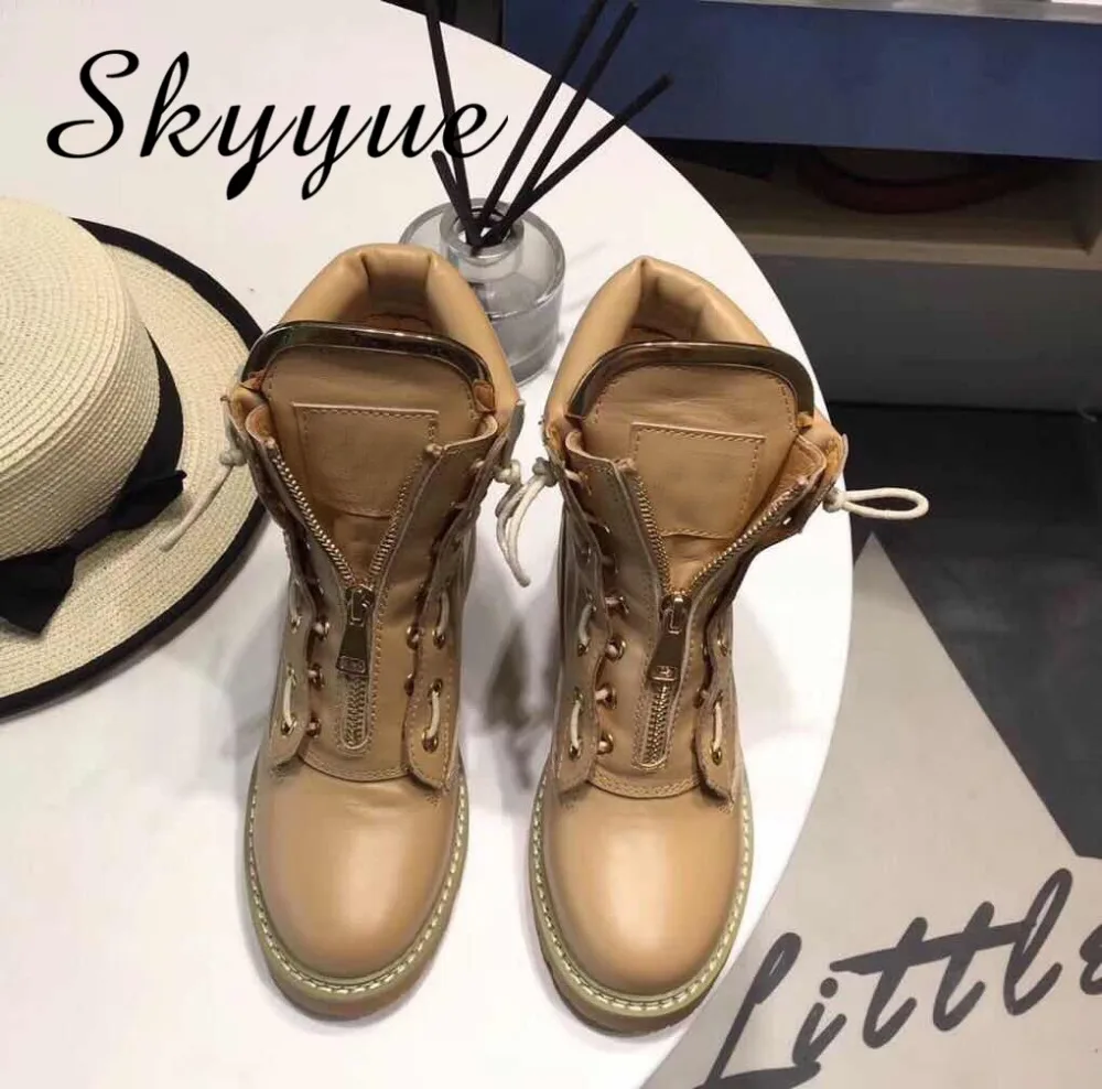 

SKYYUE New Genuine Leather Gladiator Lace Up Women Boots Round Toe Zip Women Low Heel Winter Boots Shoes Women