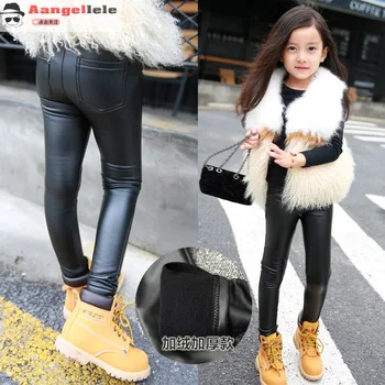 

Hot Girls PU Leather Autumn Winter Black Leggings Cloth of Cultivate One's Morality Pants Children's Kids Pants Thicken Warm