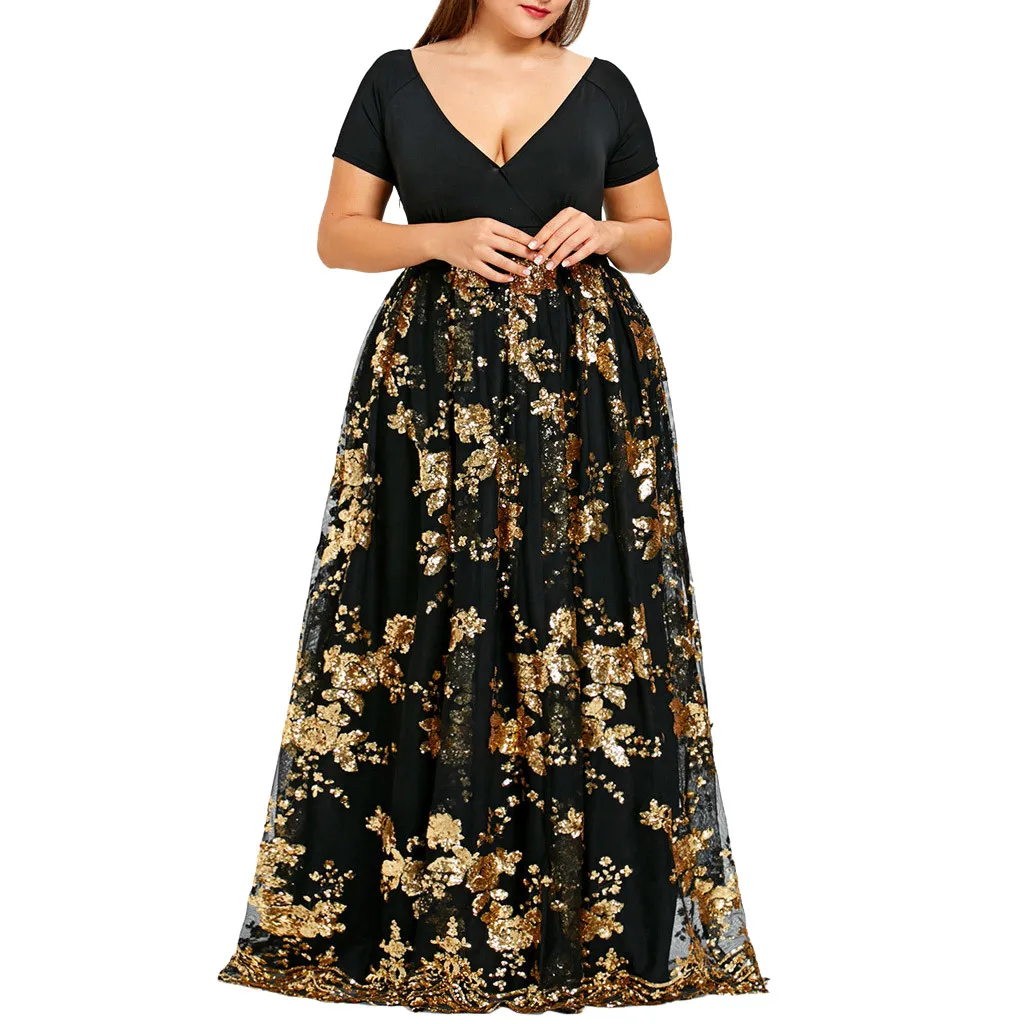 JAYCOSIN размера плюс цветочное расшитое блестками платье макси для женщин глубокий v-образный вырез короткий рукав женские платья Элегантное Вечернее Платье Vestidos - Цвет: Gold