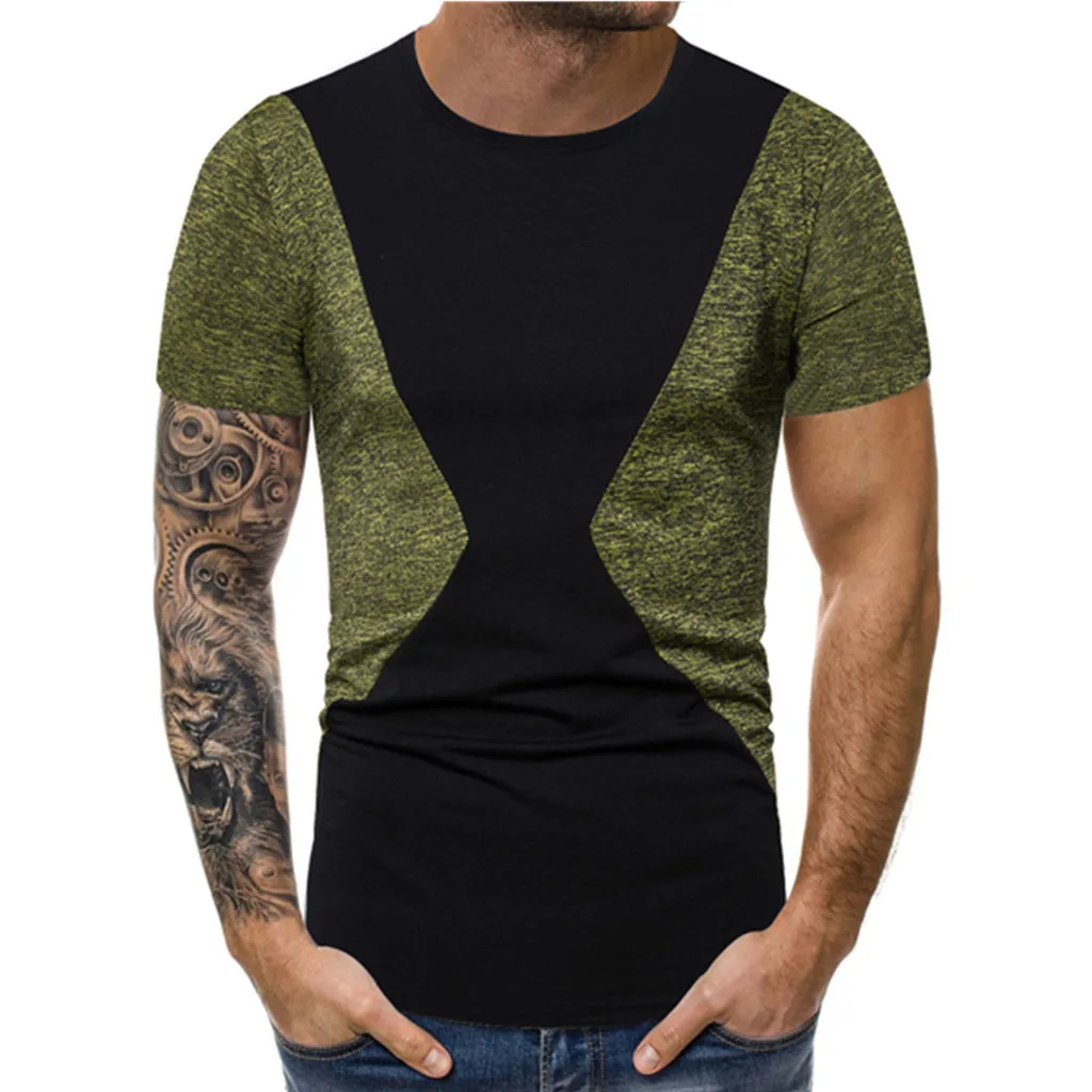 

Brand Mens Short Sleeve Men's Stitching color Slim Splice Casual Sport Lapel Short Sleeve Shirt Geometric in Men's T-Shirts