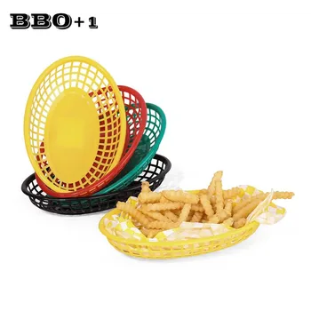 

6pcs Plastic Fast Food Basket Hot Dog Serving Plate Red Checked Wax Liners Hamburger French Fries Paper Restaurant Tray
