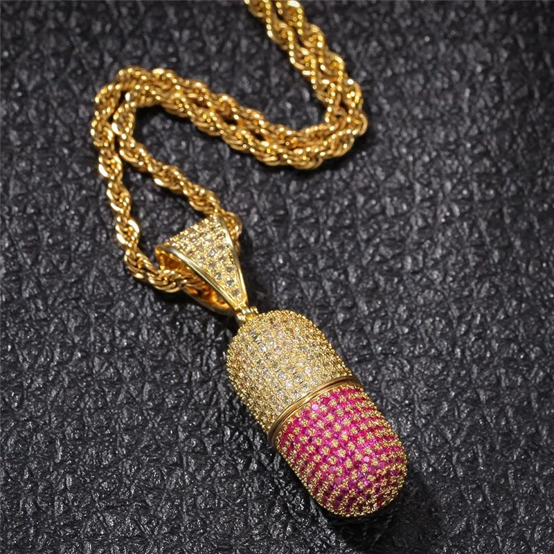 Iced Out цветные таблетки кулон ожерелье с цепочкой AAA циркон 3 цвета мужские ожерелье Новое поступление Мода хип хоп ювелирные изделия - Окраска металла: gold rose red