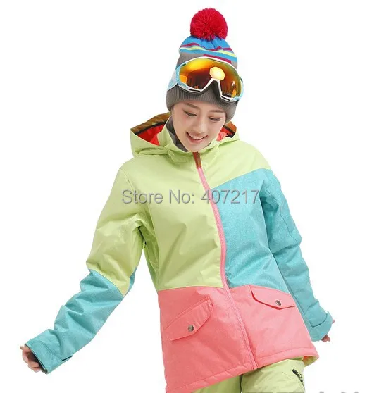 2016 new women's color matching ski jacket green blue pink snowboard