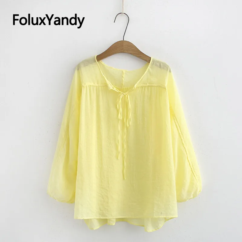 

Thin Summer Tops Women Plus Size Tops 2019 New V-neck Casual Transparent Loose Long Sleeve T-shirts 3 Colors KKFY3672