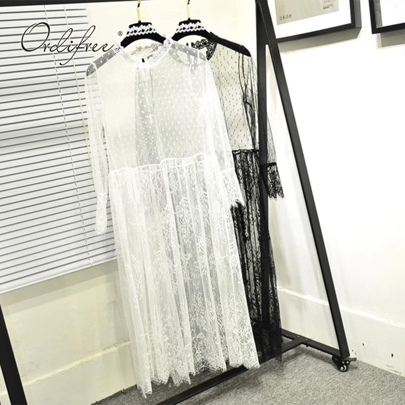 

Ordifree 2019 Summer Women White Lace Beach Dress See Through Sexy Transparent Maxi Dress