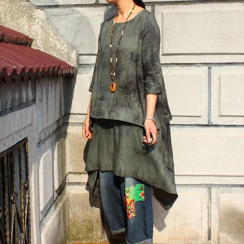 

Johnature Autumn 2019 New Women Pullover Dress Tie Dye Vintage Three Quarter Sleeve Round Neck Loose Plus Size Irregular Dress