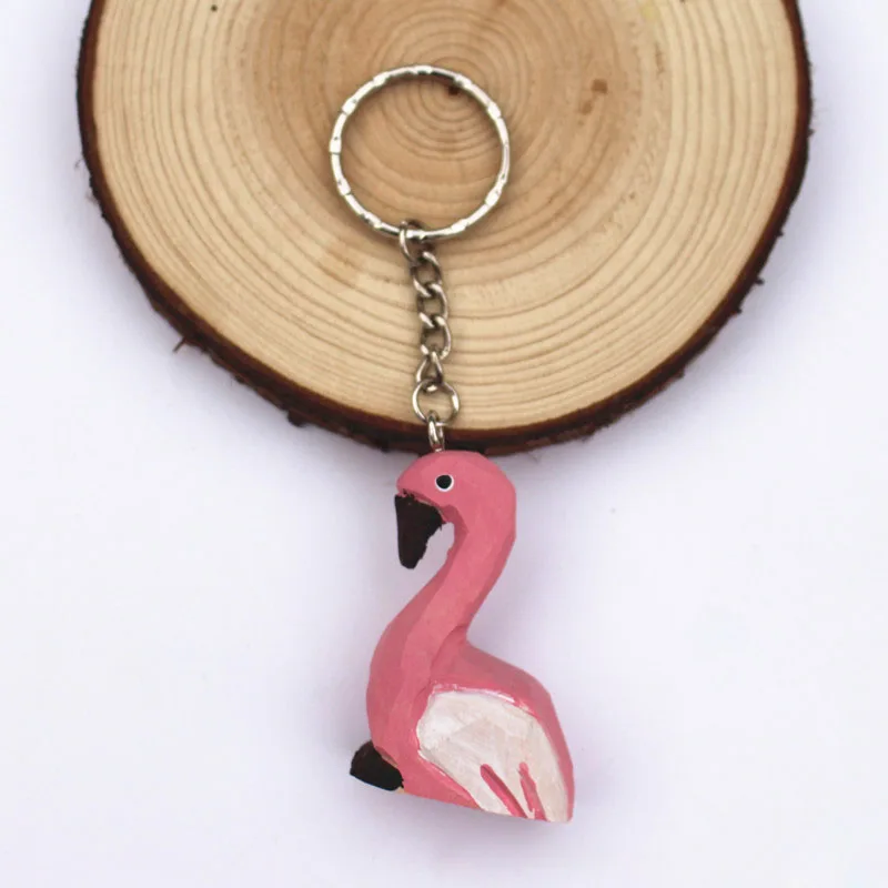 Handmade Wooden Pink Flamingo Keychain Women Key Ring Car Bag Key