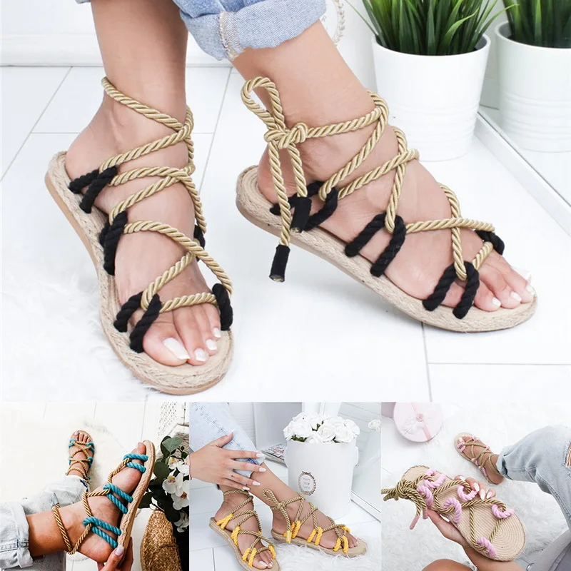 

Drop Shipping OEAK Summer Women Flat Scandal Peep Hemp rope Toe Weaving Sandals Buckle Strap Open Toe Fish Mouth Shoes