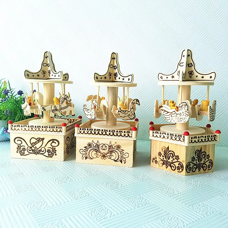 Music Box Wooden Crafts Carousel Rotating Windmill Wooden Music Boxes