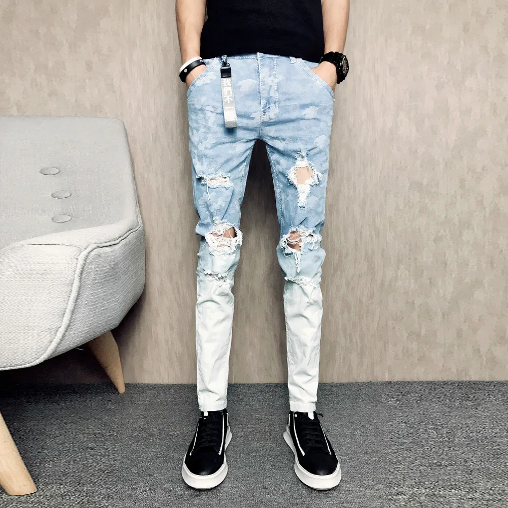 Summer Jeans Men Fashion 2019 Slim Fit Gradient Color Ripped Men Jeans Hole Design Casual Print Denim Pants Men Trousers 32-28 Summer Jeans Men Fashion 2019 Slim Fit Gradient Color Ripped Men Jeans Hole Design Casual Print Denim Pants Men Trousers 32-28