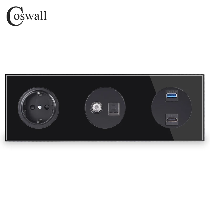 Coswall кристалл стеклянная панель настенная розетка ЕС розетка питания+ женский ТВ разъем с CAT5E RJ45 Интернет-розетка+ HDMI 2,0 USB 3,0 порт