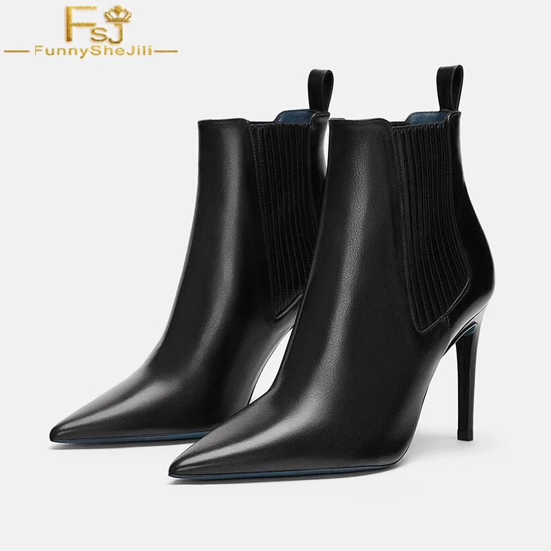 

FSJ Fashion Womens Autumn 2020 Black Letaher Pointed Toe High Thin Heels Leather Chelsea Ankle Boots Dress Shoes Woman Size 4-16
