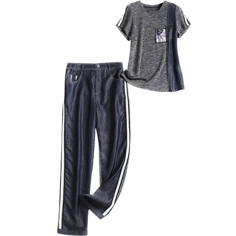 

2-piece lady Women's round neck suit Short sleeve T Stitching denim OL Commuter straight pants Fashion casual pants suit