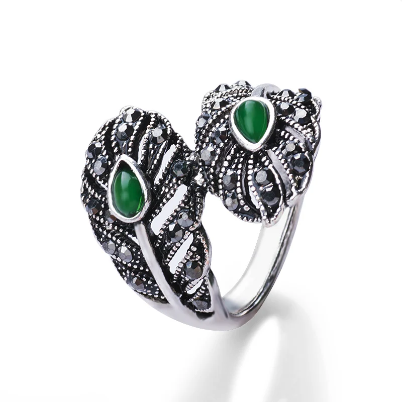 MISANANRYNE, Винтажные Ювелирные изделия в стиле ретро, серебряный цвет, зеленый камень, кольца в виде листьев, женские открытые манжеты, Коктейльные женские кольца